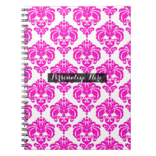 Caderno Espiral Rosa Quente Branco Damasco Chic Moderno Padrão Ele