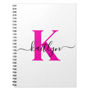 Caderno Espiral Rosa Quente Preto Inicial Nome Monogramado