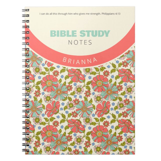 Caderno Espiral Rosa Retro & Floral Personalizado Aqua (Frente)