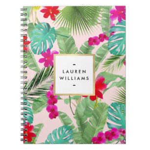 Caderno Espiral Rosa tropical chique da aguarela do impressão