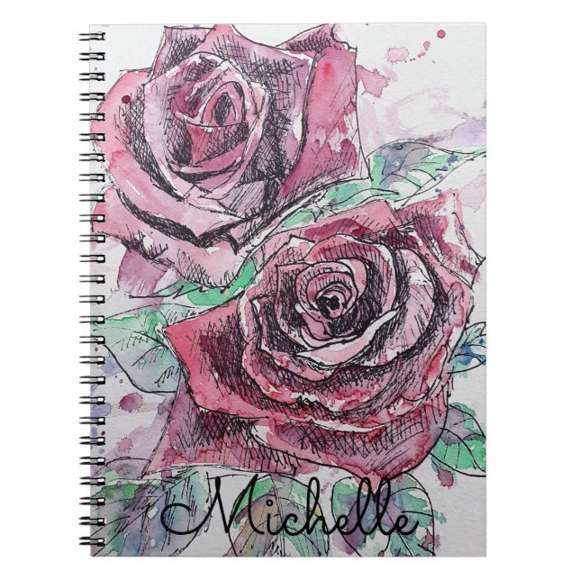 Caderno Espiral Rosa vermelha Aquarela Bela Mulher Nome (Frente)