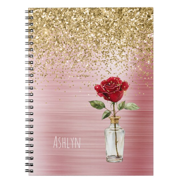 Caderno Espiral Rosa Vermelha Brilho Dourado (Frente)
