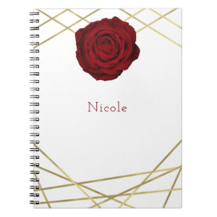 Caderno Espiral Rosa Vermelha e Linhas Douradas Floral Geométrico 