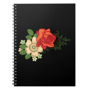 Caderno Espiral Rosa Vermelha e Margaridas Fundo Preto