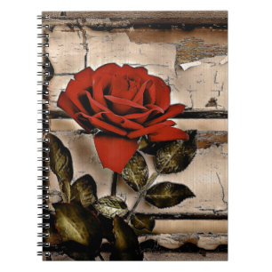 Caderno Espiral Rosa vermelha Rústica Da Madeira Do Barn Com Dific