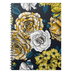 Caderno Espiral Rosas amarelas, brancas e bicolores com folhas azu