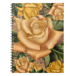 Caderno Espiral Rosas Amarelas & Madeira Rústica Country Estilo Sh