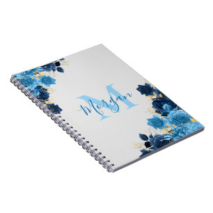 Caderno Espiral Rosas Azuis Com Script Luminter Dourado Monograma