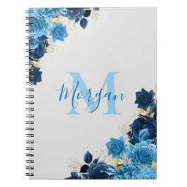 Caderno Espiral Rosas Azuis Com Script Luminter Dourado Monograma
