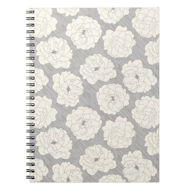 Caderno Espiral Rosas brancas em Cinzas claras - padrão uniforme. (Frente)