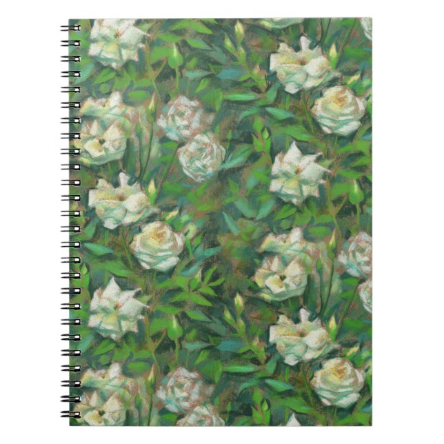 Caderno Espiral "Rosas brancas, folhas verdes", flores lindas (Frente)