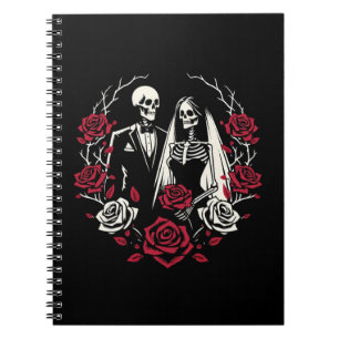 Caderno Espiral Rosas Brancas Vermelhas e Pretas Casal Esqueleto C