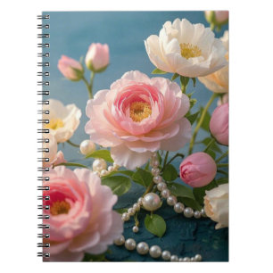 Caderno Espiral Rosas claro esmagadoras com pérolas