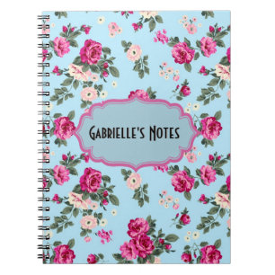 Caderno Espiral Rosas cor-de-rosa do vintage no fundo azul