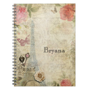 Caderno Espiral Rosas Cor-de-Rosa Vintage Paris Chave e Fechadura