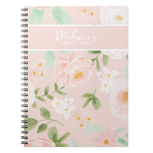 Caderno Espiral Rosas de aquarela Flores a Rosa e Pêssego (Frente)
