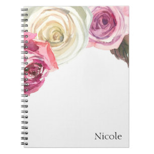 Caderno Espiral Rosas de Aquarela Glama Floral Rosa e Branca