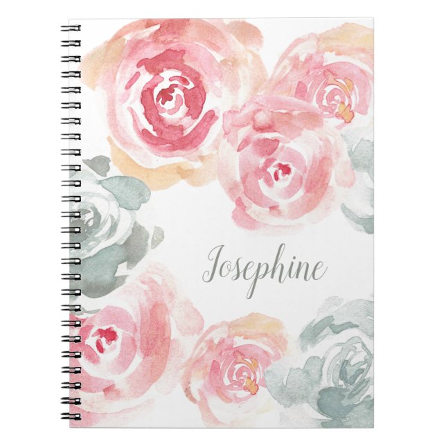 Caderno Espiral Rosas de aquarelas personalizadas flores de cor ci (Frente)