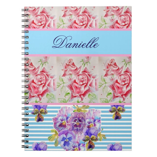 Caderno Espiral Rosas de Chique de água cor-de-rosa azul (Frente)