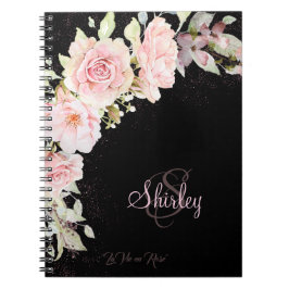 Caderno Espiral Rosas de cor-de-água, preto e rosa, monogramas