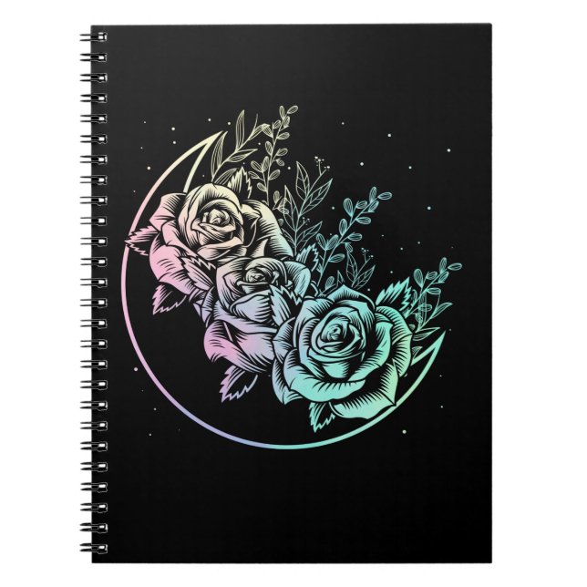 Caderno Espiral Rosas de Pastel Flores do Crescente Gótico da Lua (Frente)