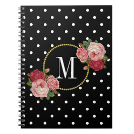 Caderno Espiral Rosas de Vintage Preto Elegante Pontos de Flor Mon