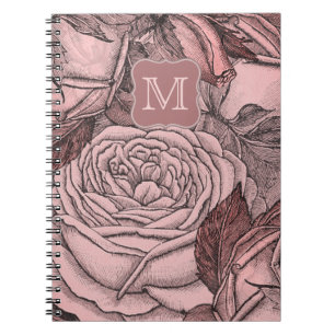 Caderno Espiral Rosas decorativos Monograma cor-de-rosa pincelado