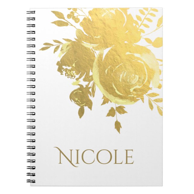 Caderno Espiral Rosas Dourados Faux Foil Elegante Moderno Floral G (Frente)