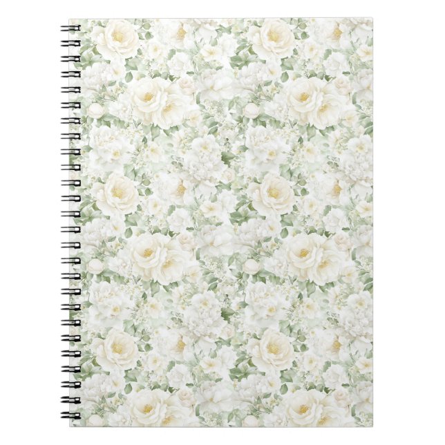 Caderno Espiral Rosas Florais Brancas Creme Românticas  (Frente)