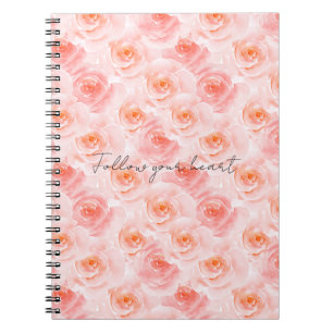 Caderno Espiral Rosas Florais em Aquarela Rosa Desbotado Bonito