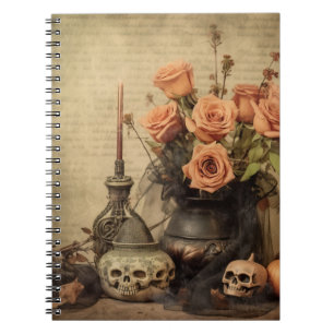 Caderno Espiral Rosas Macabras Vintage Caveiras Sépia