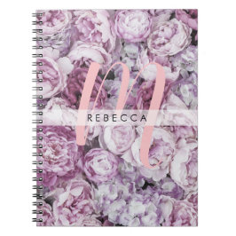 Caderno Espiral Rosas Peônia Floral Rosa Monograma Script