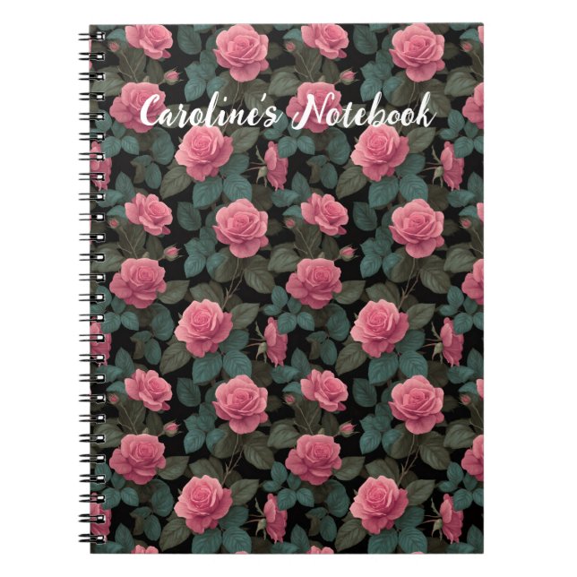 Caderno Espiral Rosas Pink Editáveis em Padrão Floral Preto Person (Frente)