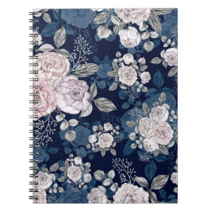 Caderno Espiral Rosas Rosa Azul Escuro: Vintage