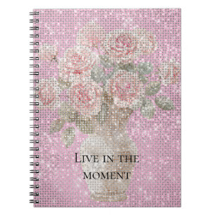 Caderno Espiral Rosas Rosa Bege Brilho Floral 