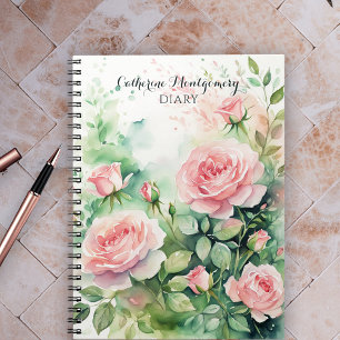 Caderno Espiral Rosas Rosa-Cadeado Elegante com Folhas Verdes