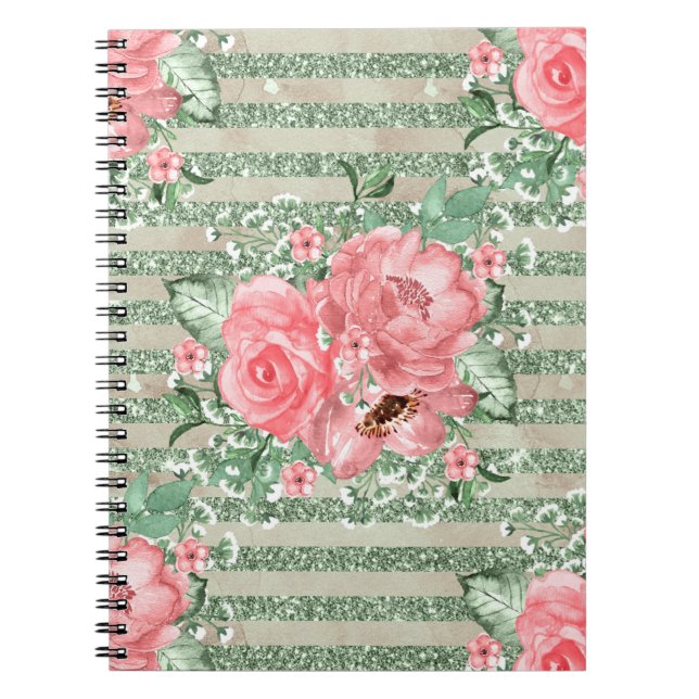 Caderno Espiral Rosas Rosa-Cágua em faixas de brilho verde (Frente)