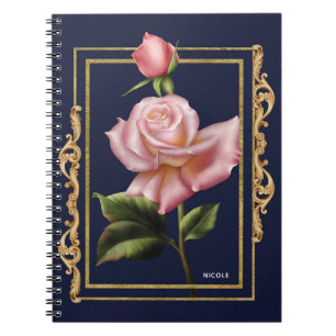 Caderno Espiral Rosas Rosas Azuis Marinho & Dourado Glam Rústico M