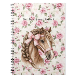 Caderno Espiral Rosas Rosas Florais Cavalos Lindos com Laço Rosa