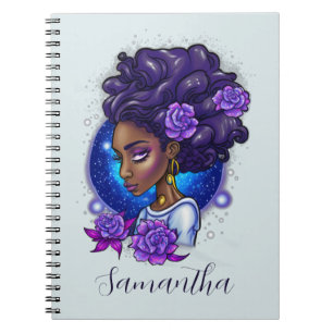 Caderno Espiral Rosas Roxos Elegantes Afro Mulher