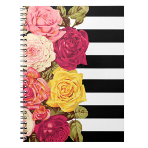 Caderno Espiral Rosas sobre Florista Chic em Listras Negras e Bran