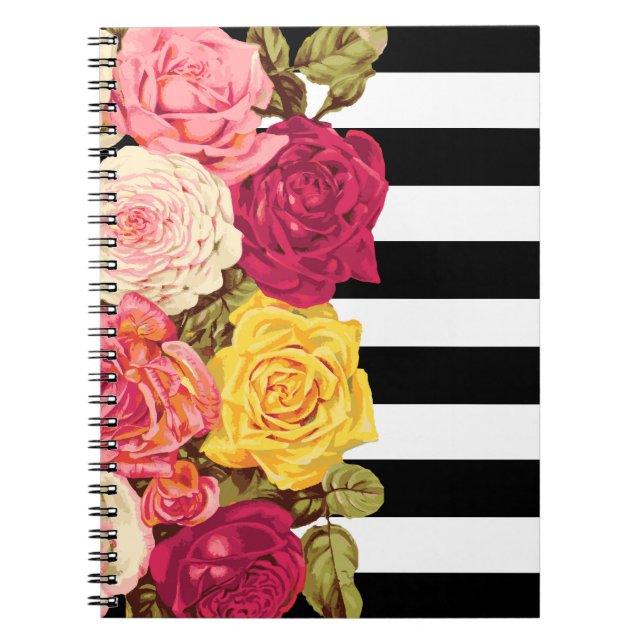 Caderno Espiral Rosas sobre Florista Chic em Listras Negras e Bran (Frente)