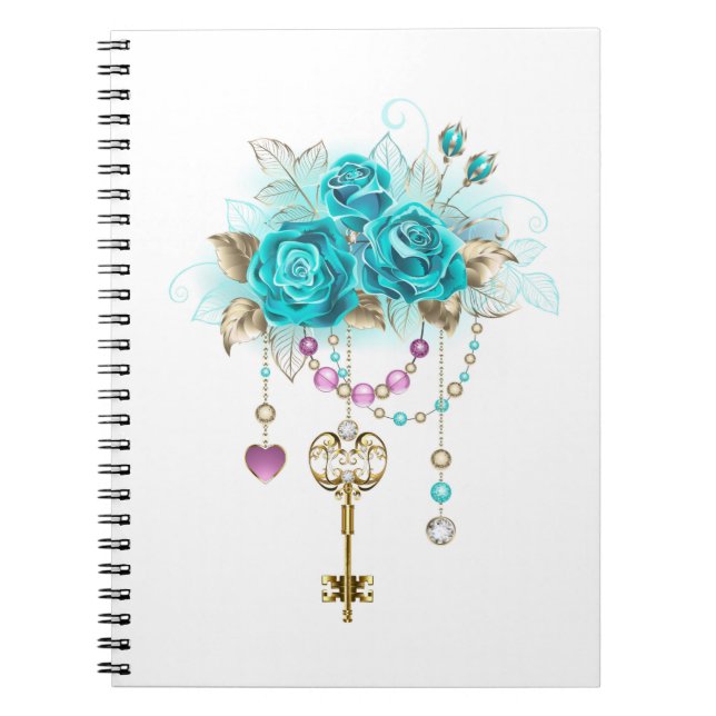 Caderno Espiral Rosas Turquesas com Chaves (Frente)