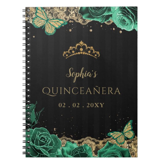 Caderno Espiral Rosas Verdes Douradas Lace Quinceañera Guestbook (Frente)