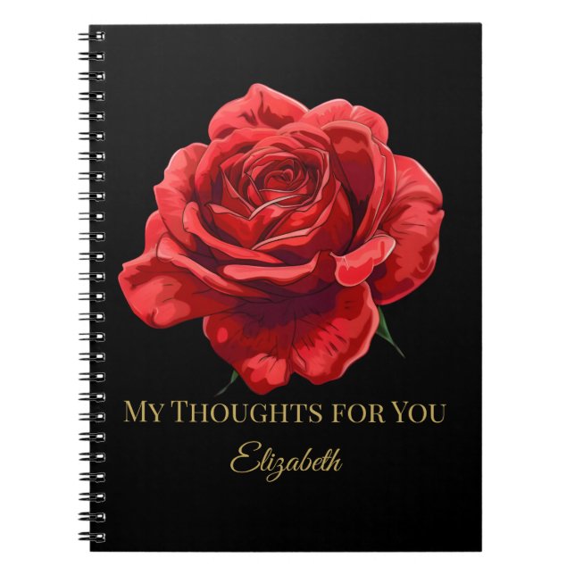 Caderno Espiral Rosas vermelhas a preto com script Dourado persona (Frente)