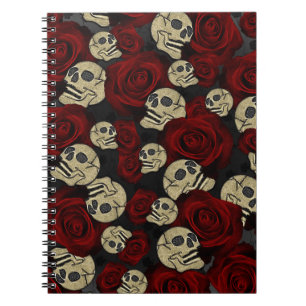 Caderno Espiral Rosas Vermelhas & Caveiras Cinza Preto Floral Góti