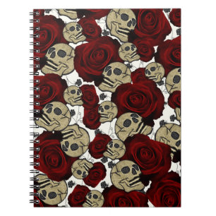 Caderno Espiral Rosas Vermelhas & Caveiras Floral Preto Gótico Bra