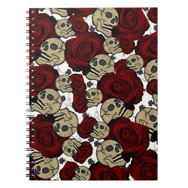 Caderno Espiral Rosas vermelhas e crânios Preto Branco Floral Pret (Frente)