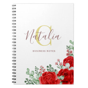 Caderno Espiral Rosas Vermelhas Elegantes & Monograma Dourado