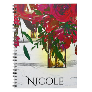 Caderno Espiral Rosas Vermelhas Românticas em Aquarela & Lanterna